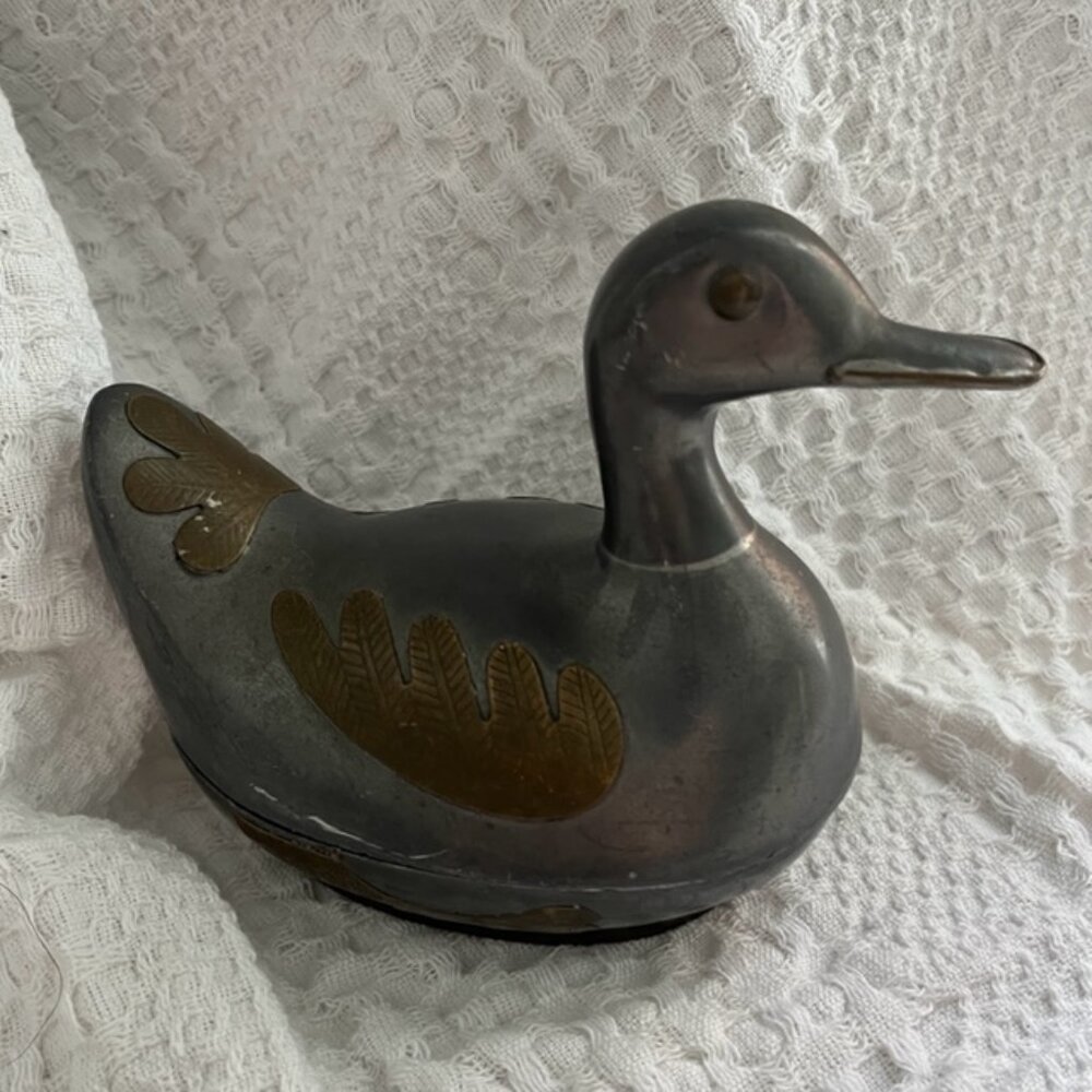 Vintage Pewter / Brass Duck Trinket Box 4.5 in tall **BUNDLE with LG Duck $60*